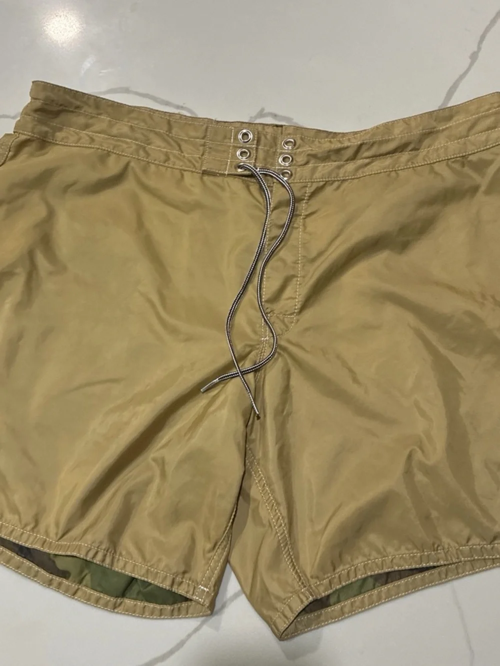Birdwell Khaki Swim Board Shorts with Camo Hem